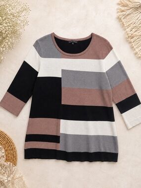 Carol Rose Color Block Knit Sweater XL Taupe Gray Black Ivory 3/4 Sleeve